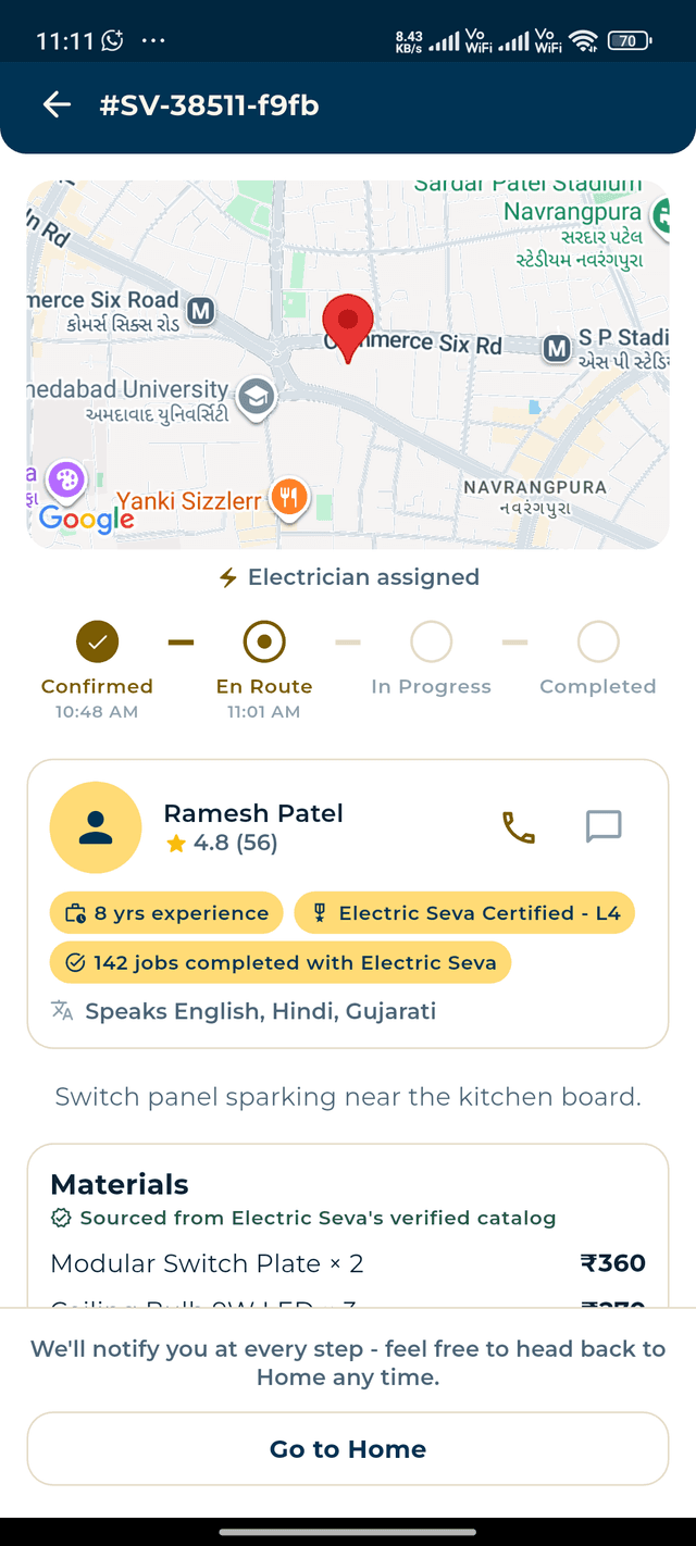 Live electrician tracking in the Electric Seva app